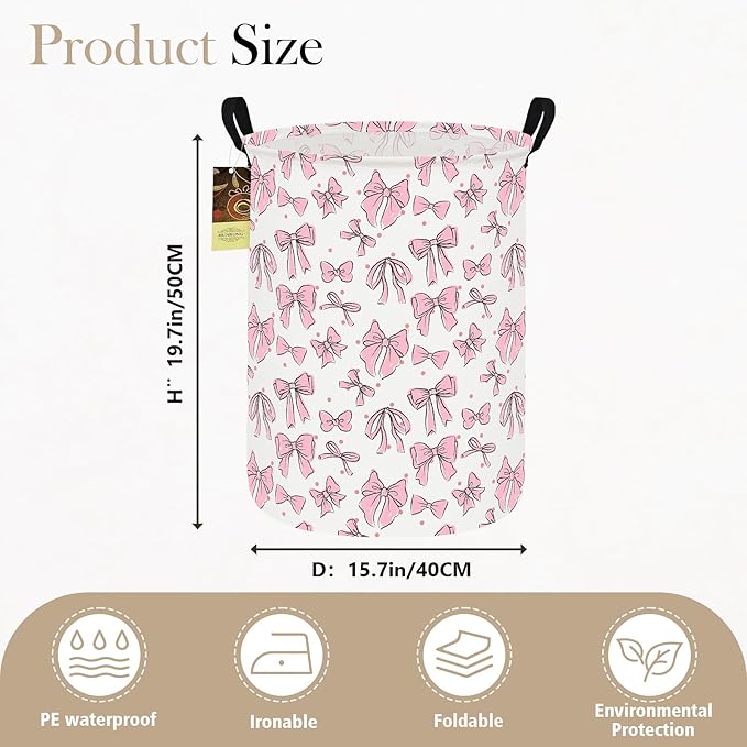 Collapsible Fabric Storage Basket, Waterproof Laundry Hamper with Handles, Round Storage Bin for Clothes Toys, Foldable Organizer for Bedroom Nursery Bathroom(Round-Pink Bow)