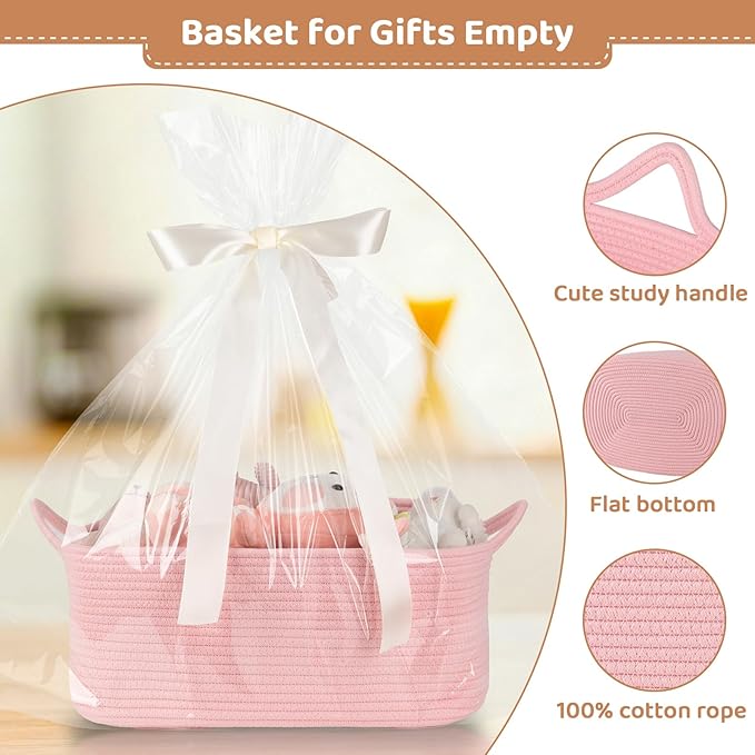 OIASKET Large Empty Gift Baskets for Baby Shower, 16.5" L x 12.6" W x 7" H Cute Woven Storage Basket with Gift Bags and Ribbons, Small Rope Toy Basket with Handles, Cat Dog Pet Toy Organizer - Pink