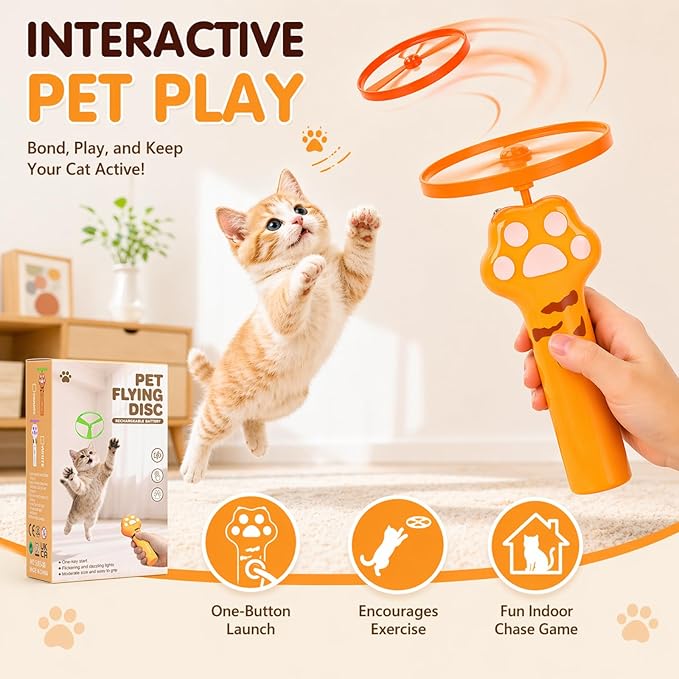 Cat Fetch Toy, Rechargeable Flying Disc Launcher with 6 Flying Discs, Interactive Cat Toys for Indoor Cats, Cat Chase Toy for Bored Indoor Cats, Kittens & Adult Cats