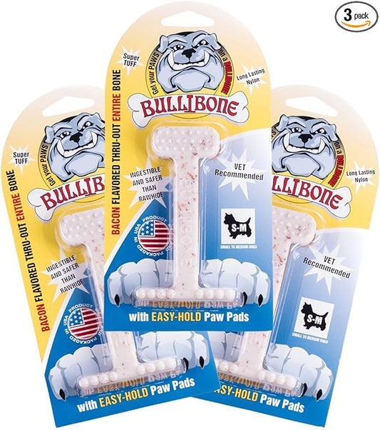 Bullibone Nylon Dog Chew Toy for Aggressive Chewers - Dental Hygiene Bone with Bacon Flavor, Durable Tough Chew Toys for Small Dogs, Indestructible Dog Bone - 3 Pack
