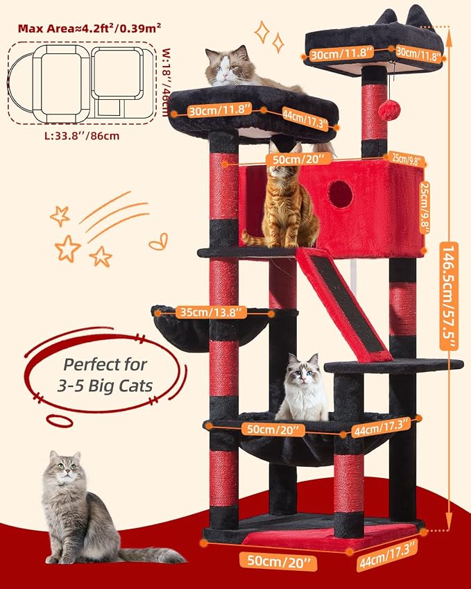 Taoqimiao Gothic Cat Tree 57.5-Inch, Cat Tower for Indoor Cats Large Adult, Extra Large Cat Condo, 8 Sisal Scratching Posts, Metal Frame Cozy Hammock, Durable Scratch Board, 2 Top Perches, MS026BR