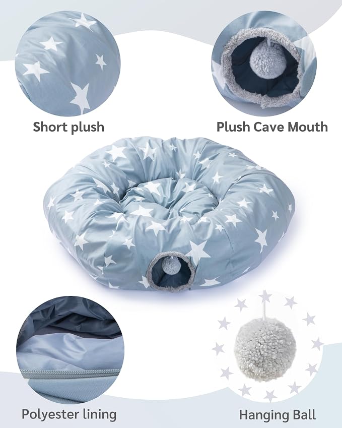 JanYoo Cat Tunnel with Cat Bed 35.4" Collapsible Playground for Indoor Cats | Large Soft Plush Washable Hide Seek Tube with Interactive Toys Round Pet Tunnel for Kittens,Adult Cats,Squirrels