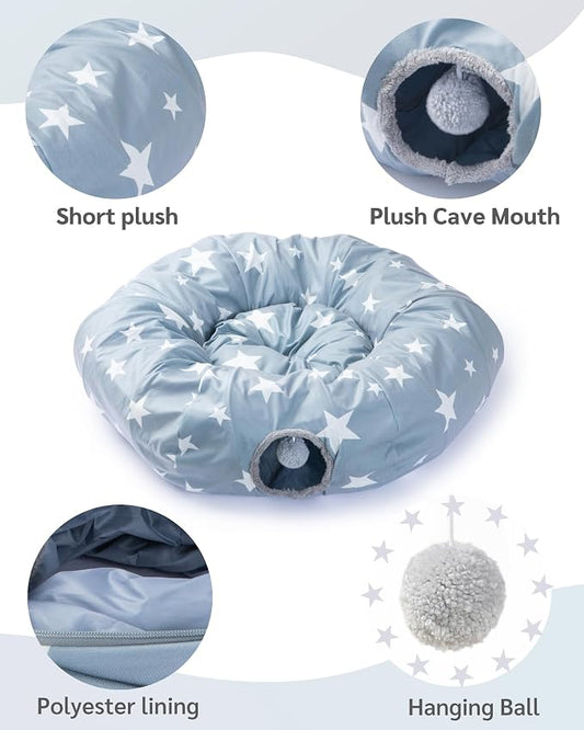 JanYoo Cat Tunnel with Cat Bed 35.4" Collapsible Playground for Indoor Cats | Large Soft Plush Washable Hide Seek Tube with Interactive Toys Round Pet Tunnel for Kittens,Adult Cats,Squirrels