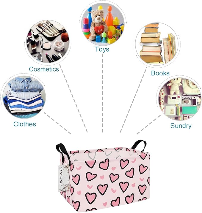 Storage Bins, Nursery Hamper Canvas Laundry Basket Foldable with Waterproof PE Coating Large Storage Baskets for Kids Boys and Girls, Office, Bedroom, Clothes,Toys(Rec-Pink Love ）