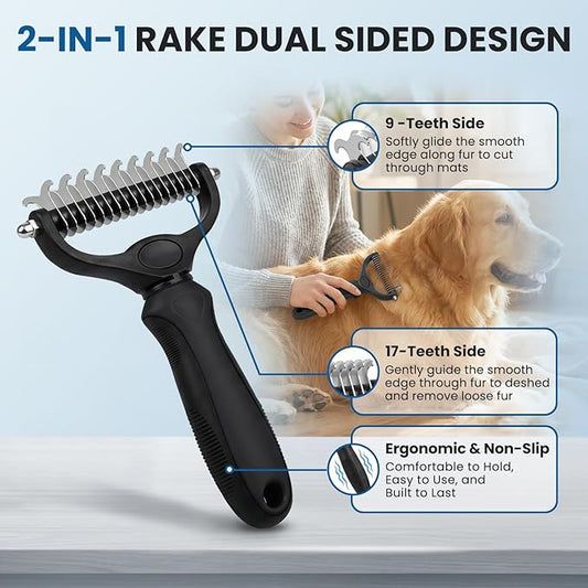Double-Sided Pet Grooming Rake - 4-in-1 Professional Pet Grooming Kit, Deshedding Dematting Tool for Dogs, Cats, Extra-Wide Grooming Brush & Deshedder Comb for Long and Short Haired Pets(4PCS Black)