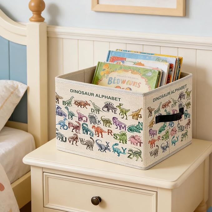 Alphabet Dinosaur Kids Storage Bins, ABC Education Dino Foldable Closet Organizers Storage Basket Toybox for Toddler Playroom Nursery Preschool Classroom Clothes Bed Sheets Blankets Toys