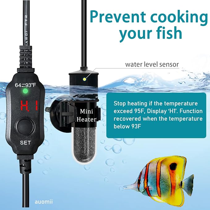 Mini Submersible Aquarium Heater, 25/50/100/150/200/300 Watts Adjustable Fish Tank Heater, Built-in Thermometer, External Temperature Controller, Smart Memory, Used for 1-60 Gallons (20W Plug)