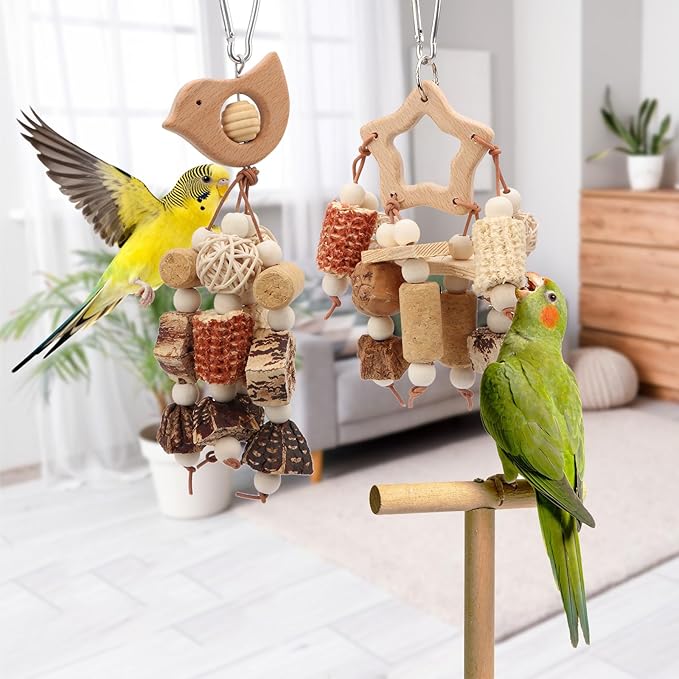 Litewoo 2PCS Natural Bird Foraging Parrot Shredding Toys Hanging Wood Conure Chewing Toys Bird Cage Accessories for Budgie Lovebird Cockatiel Conure Other Small and Medium Size Birds