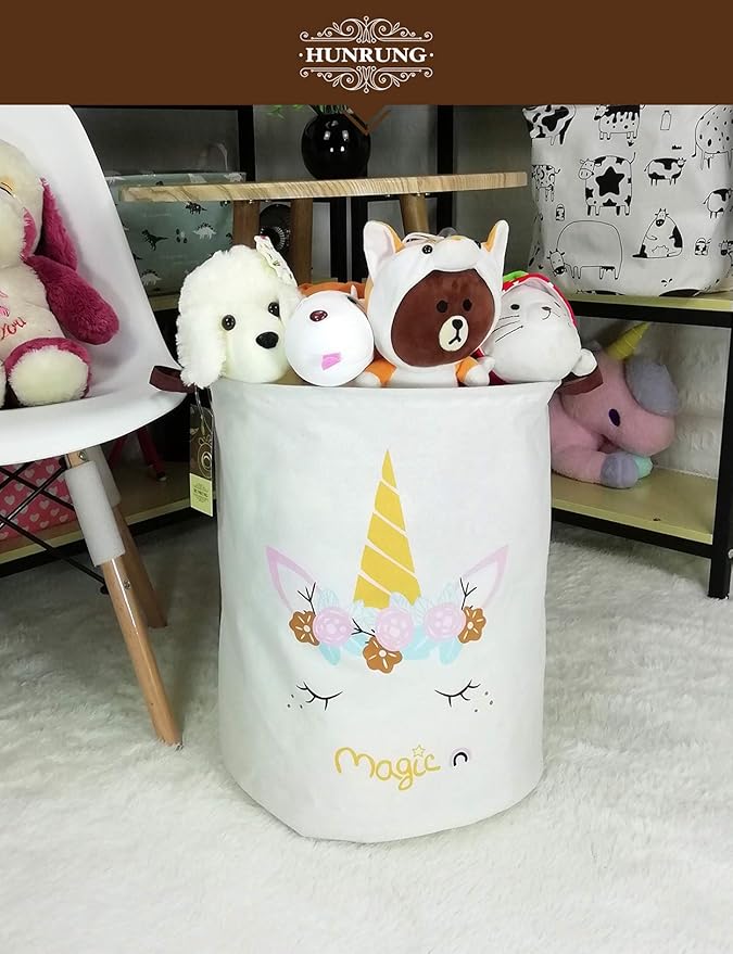 Collapsible Fabric Storage Basket, Waterproof Laundry Hamper with Handles, Round Storage Bin for Clothes Toys, Foldable Organizer for Bedroom Nursery Bathroom(Round-magic-unicorn)