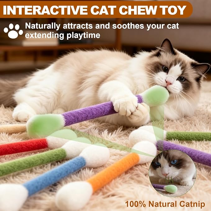 Cute Giant Qtip Cat Toy with Catnip - 6 Pack | Durable for Chew, Interactive Cat Chew Toys for Boredom Relief & Play | Filled w/Organic Catnip for Anxiety & as Digestive Aid | Perfect Kitten Gift