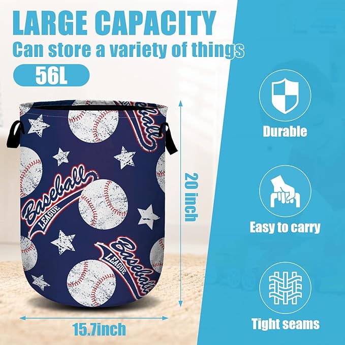 Baseballs and Stars Laundry Basket, Laundry Hamper Collapsible Oxford Cloth with Handle Clothes Storage Bin for Bathroom Laundry Room Bedroom 15.7 X 20 Inch