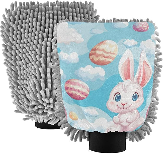 Car Wash Mitt Microfiber Wash Mitts for Car Washing Scratch-Free Cleaning Gloves Soft Non Absorbent Chenille Auto Hand Mitt Medium 2Pack Blue Cartoon Rabbit and Easter Egg