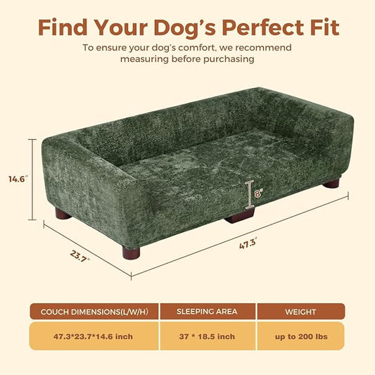 Dog Couch Sofa for Large & Extra Large Dogs, Elevated Pet Bed with Legs, Button Tufted Chenille Dog Couch with Backrest and Armrests, Modern Indoor Dog Furniture (Green, XL - 47" x 24" x 15")