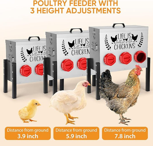 TGEYD 30 lb Chicken Feeder with 6 No-Waste Ports – Heavy-Duty Outdoor Metal Feeder with Adjustable Height, Locking Lid & Riveted Handles – Rustproof Feed Box for Poultry & Backyard Chickens