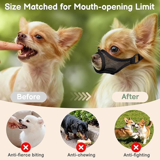 Mayerzon Mesh Dog Muzzle, Adjustable Muzzle for Small Medium Dogs, Prevent Fierce Barking Biting Eating, Ideal for Grooming Vet Visits Walking, Allow Panting & Drinking, Soft & Breathable (Black, XS/S