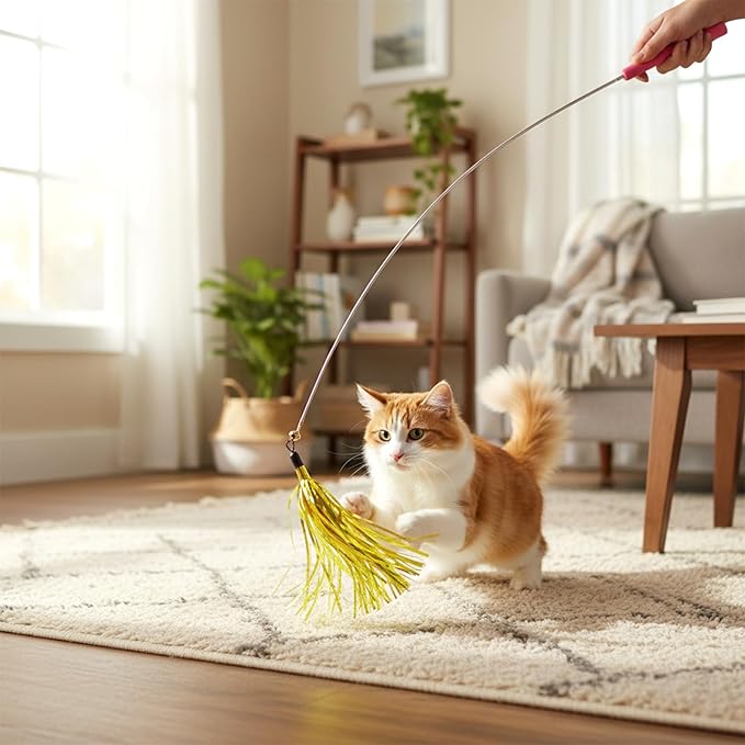 6 Pcs Cat Ribbon Toy, 9 Inches Cat Teaser Wand Toy Replacement with Bell Metallic Foil Tassel Interactive Wand Toys for Indoor Cats Kitten Chase Exercise (Multi Colored)