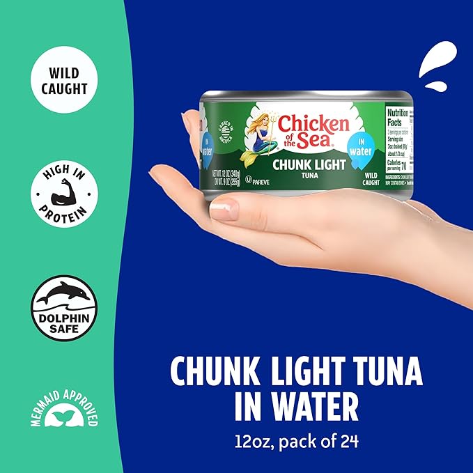 Chicken of the Sea Wild Caught Chunk Light Tuna, 12 Ounce Cans, 24-Count – High Protein 100% Classic Chunk Tuna in Water – Delicious, Easy, Nutritious Ready to Eat Meals