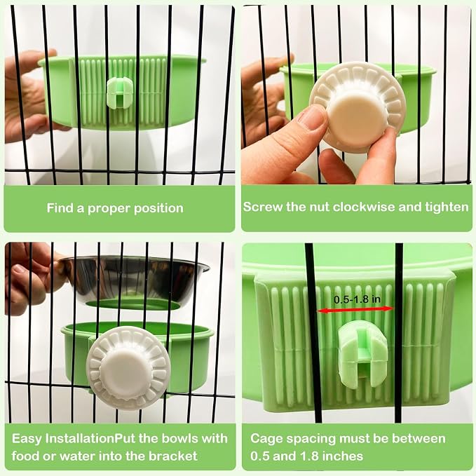 2 Pcs Crate Dog Bowl, Removable Stainless Steel Hanging Pet Food Water Feeder Pet Kennel Cage Bowl for Puppy Cat Rabbit Ferret Guinea Pig (Pink&Green)