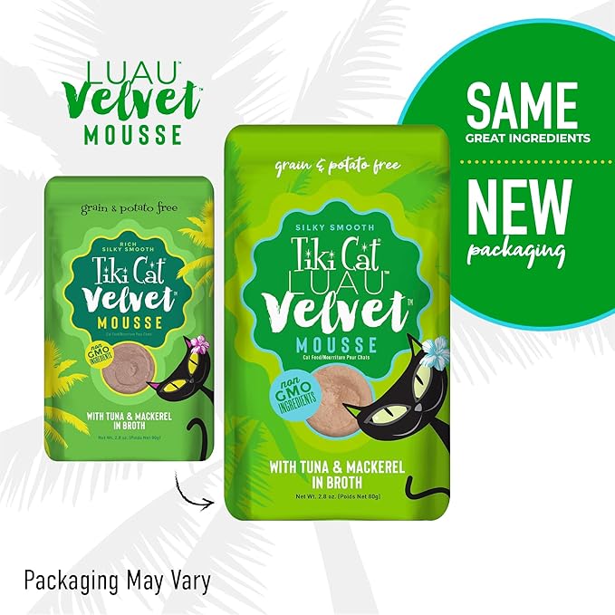 Tiki Cat Luau Velvet Mousse, Tuna & Mackerel in Broth, Complete Nutrition for Balanced Diet, Wet Cat Food For All Life Stages, 2.8 oz. Pouch (12 Count)