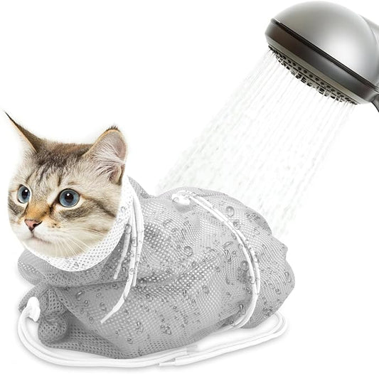 Cat Bathing Bag, Breathable Mesh Cat Shower Bag Anti Scratch Adjustable Washing Grooming Bag for Nail Trimming Polyester Soft