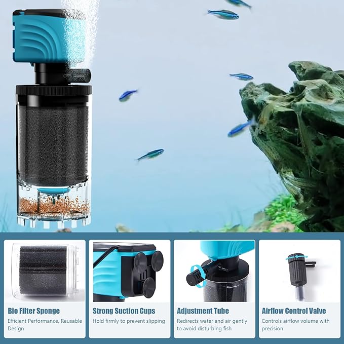 Internal Aquarium Filter, Upgraded 15–50 Gallon Fish Tank Filters, 210GPH Submersible Whisper Pump for Turtle Tank with Debris Tray, Check Valve, Fresh & Saltwater