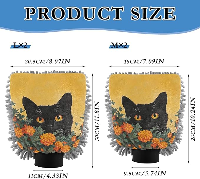 Car Wash Mitt Microfiber Wash Mitts for Car Washing Scratch-Free Cleaning Gloves Soft Non Absorbent Chenille Auto Hand Mitt Medium 2Pack Orange Flower Black Cat