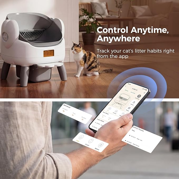 Automatic Litter Box Self Cleaning, Automatic Cat Litter Box for Multiple Cats with App Control, Open Top Self Cleaning Litter Box - Safety Protection, Easy Setup, Gray