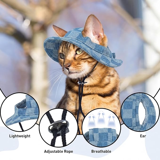 QBLEEV Cat Hats for Cats Only, Sphynx Hat with Ear Hole, Summer Cowboy Hats | Breathable kitten headwear mini sun sombrero caps, pet chihuahua sunscreen baseball outdoor climbing cap for birthday party