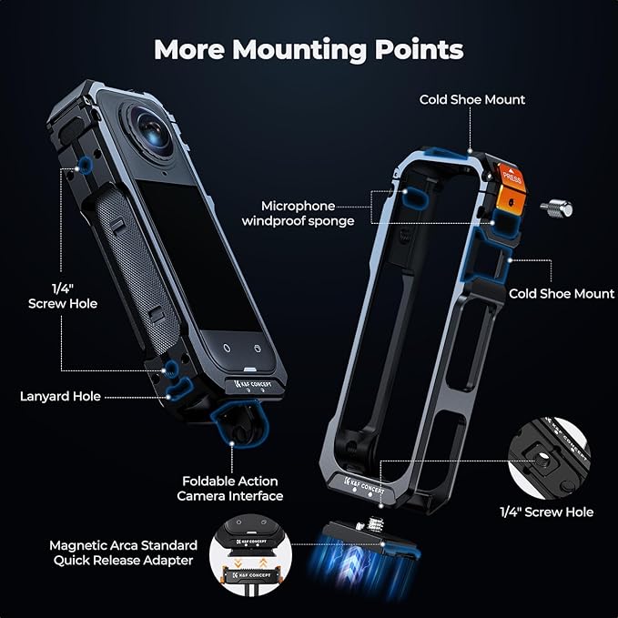 K&F Concept Camera Cage Compatible with Insta360 X5, Aluminum Alloy Protective Frame Case with Silicone Lens Cover + Screen Protector |1/4" Screw Hole | 2 Cold Shoe Mounts for Microphone, LED Light
