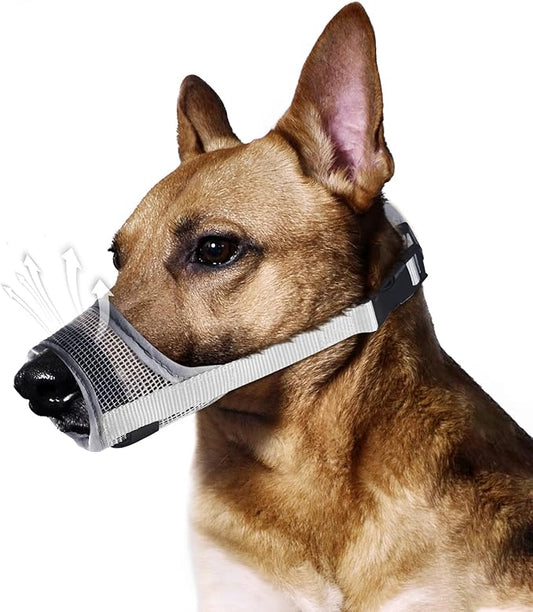 Dog Muzzle for Medium Large Dogs, Gray Soft Nylon Mesh Mask for Biting Chewing Scavenging, Breathable Barking Mouth Guard with Adjustable Straps for Vet Visit & Grooming