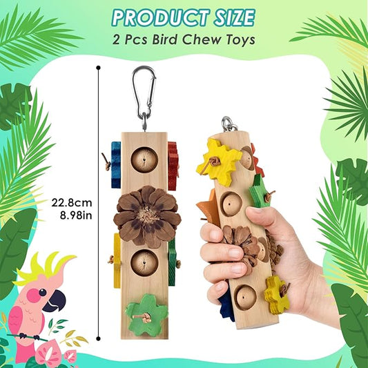 DBNESS Bird Toys for Parrot, 2 Pcs Hanging Colorful Wood Blocks Pine Cones Parakeet Chew Foraging Toy for Beak-Grinding, Cage Accessories for Small to Medium Budgies, Cockatiels, Caiques, Conures