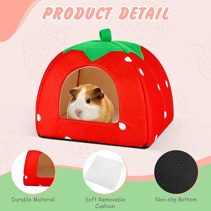 Guinea Pig Hideout Warm Fleece Small Animal Bed Washable Pet Cushion Winter Warm Sleeping Nest for Hamster Rabbit Chinchilla(Strawberry Style)