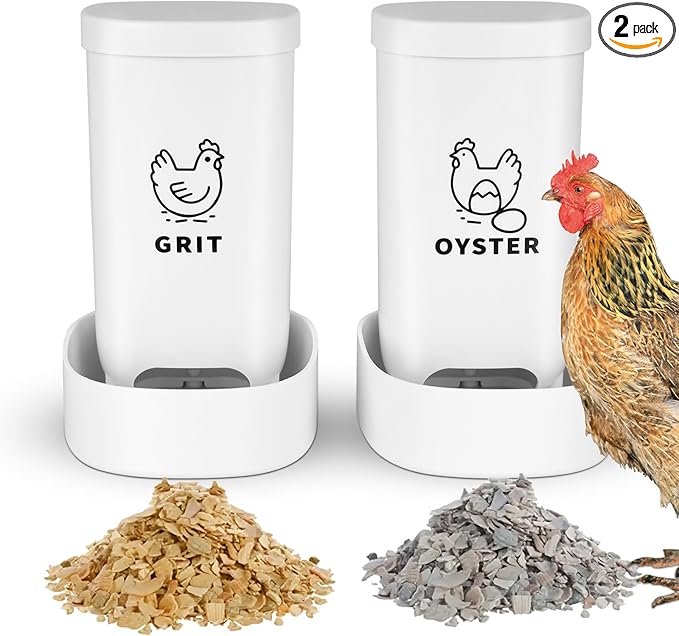 Chicken Oyster Shell Feeder and Grit Feeder with Lid, Automatic Chicken Feeder Coop Accessories Supplies Bottom with Drainage Holes Design for Healthier Hens & Eggs