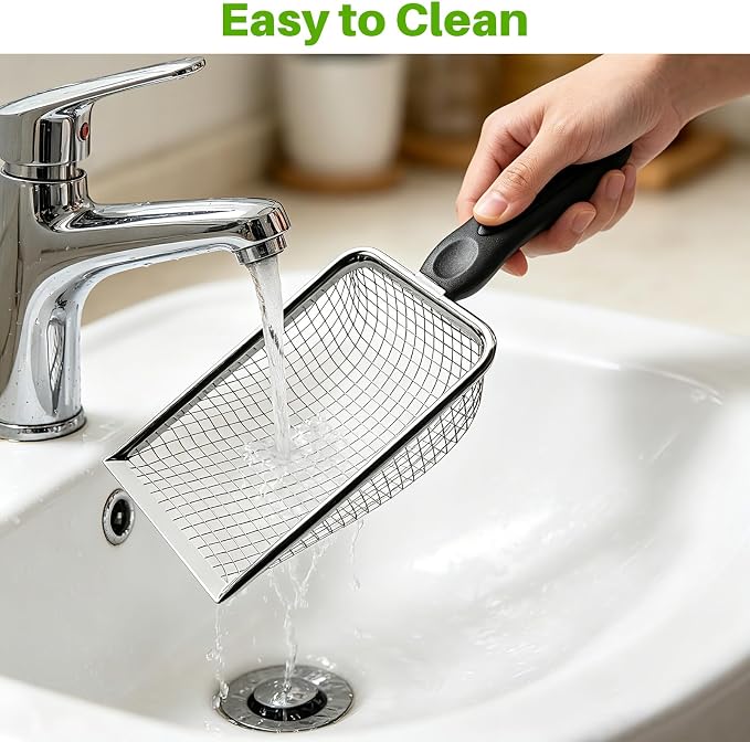 2 Pack Cat Litter Scoop with 3.8mm & 5mm Mesh – Stainless Steel Kitten Litter Scoop with 2 Adhesive Hooks, Metal Cat Poop Scooper for All Litter Types, Efficient Sifting & Easy Cleaning for Litter Box