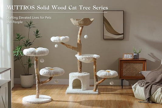 MUTTROS Wood Flower Cat Tree, Modern Cat Tower with Real Wood Branches, Luxury Boho Furniture with Scratching Post and 2 Perches, Cat Climbing Tower for Indoor Cats, Cloud White