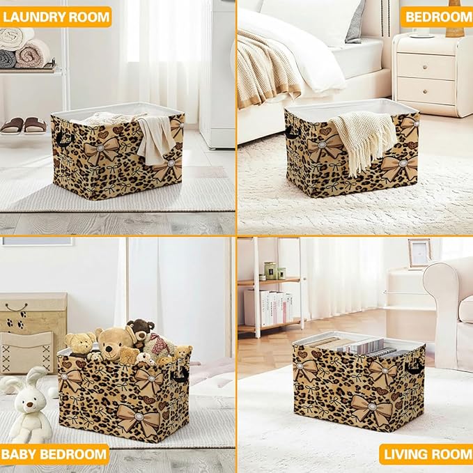 56L Leopard Print Bows Laundry Basket Clothes Hamper with Handles,Foldable Blanket Storage Large Laundry Hamper with Waterproof PE,Toy Storage Bin Organizer,Cube Clothes Organizer,Home Decor