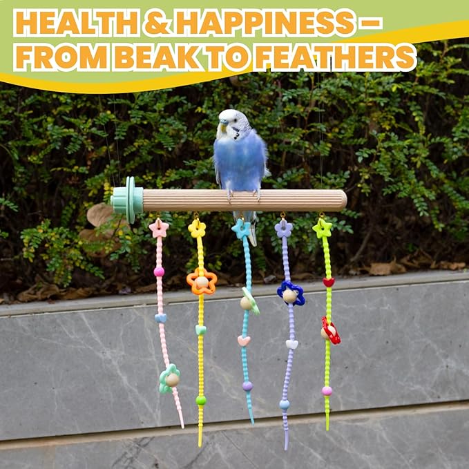 Natural Wood Bird Perch with Chewing Toy - Hanging Rainbow Strips, Beads & Charms for Parakeets Cockatiels Conures Cage Accessories