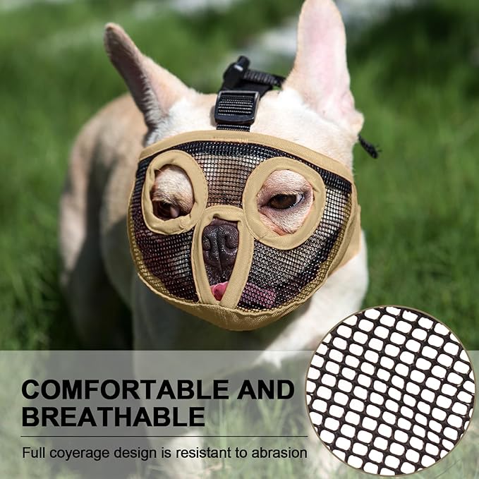 Short Snout Dog Muzzles- Adjustable Breathable Mesh Bulldog Muzzle for Biting Chewing Licking Training Grooming Dog Mask (Khaki, Medium/11-17")