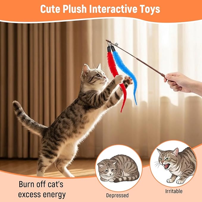 20Pcs Cat Worm Toy, Cat Wand Attachment Refill Cats Teaser Toys Feather Toy Attachments Replacements, Interactive Kittens Toys for Indoor and Ourdoor
