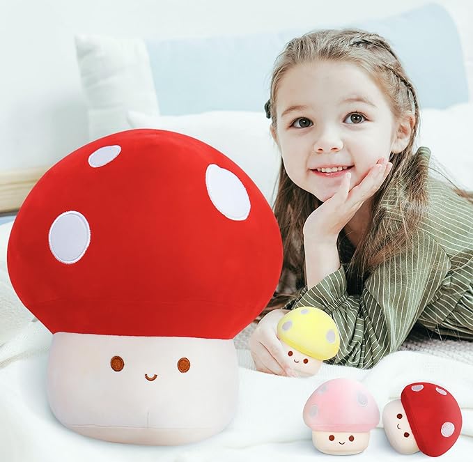 WeBingo Mushroom Plush Pillow 4-Piece, 12 Inch Large Mushroom Decor Stuffed Animal Plushies Stuffy with 3 Babies for Girl Boy Kid Adult, Big Jumbo Soft Toy Gift for Birthday Christmas Valentine's Day