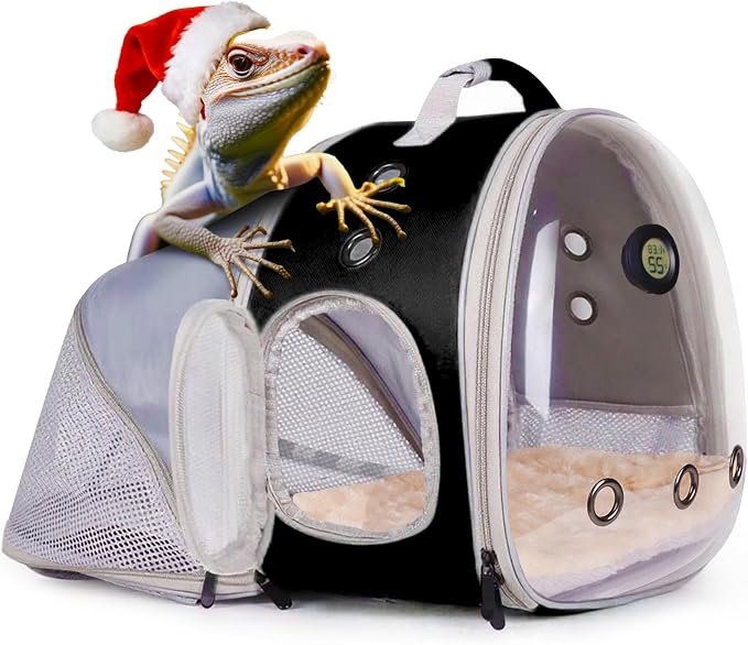 Bearded Dragon Travel Backpack Carrier with Reptile Thermometer and Humidity Gauge Lizard Travel Cage Space Capsule Clear Bubble Window Astronaut Reptile Bag for Ball Python (Black, BE Backpack)