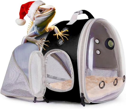 Bearded Dragon Travel Backpack Carrier with Reptile Thermometer and Humidity Gauge Lizard Travel Cage Space Capsule Clear Bubble Window Astronaut Reptile Bag for Ball Python (Black, BE Backpack)