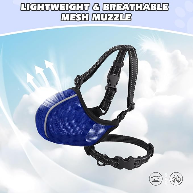 Dog Muzzle - Soft Breathable Mesh Nylon Adjustable Muzzle for Small Medium Large Dogs | Prevents Chewing,Biting & Scavenging | Allows Panting, Drinking & Grooming | Secure Collar Strap Design(Blue M)
