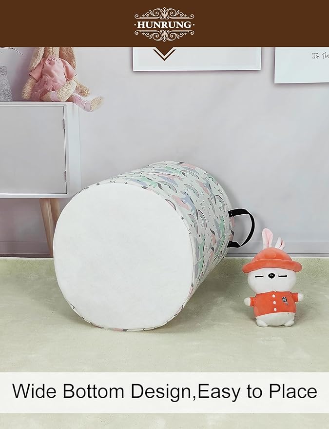 Collapsible Fabric Storage Basket, Waterproof Laundry Hamper with Handles, Round Storage Bin for Clothes Toys, Foldable Organizer for Bedroom Nursery Bathroom(Round-Star Unicorn)
