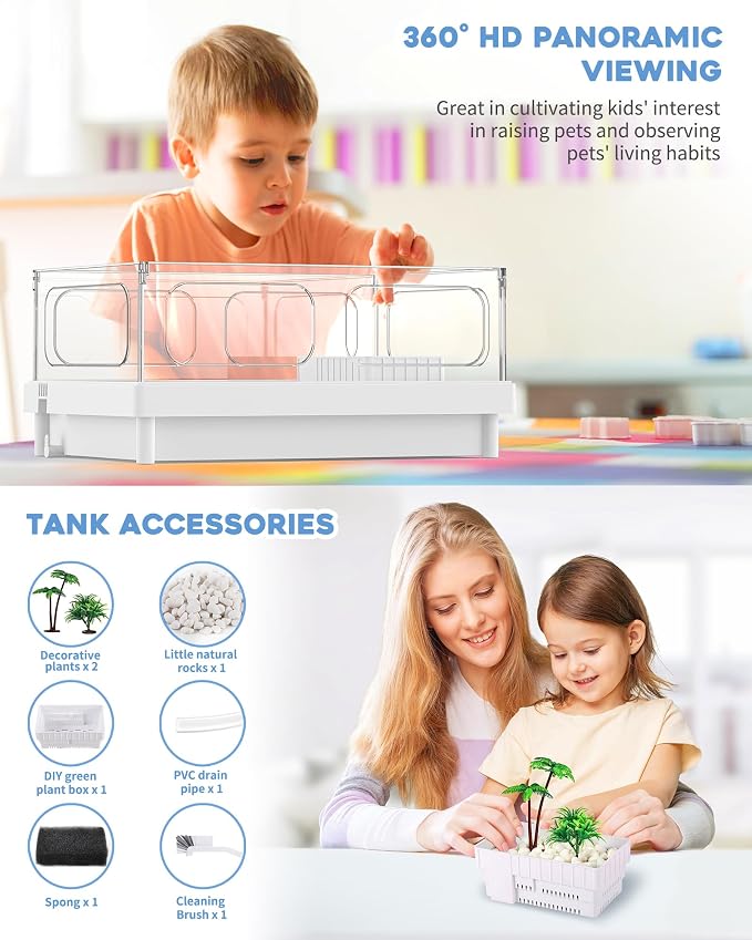 MoonOrange Small Turtle Tank Kit(Tank+Light+Filter), Acrylic Turtle Tank Starter Kit with Bask Platform, Bottom Drain, Multi-Function Area for Small Reptiles.(White)
