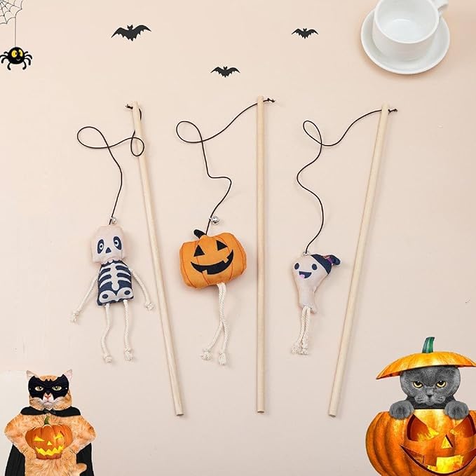 Halloween Cat Wand Teaser Toys with Bell, Kitten Interactive Plush Kitty Plaything Gift Set of 3