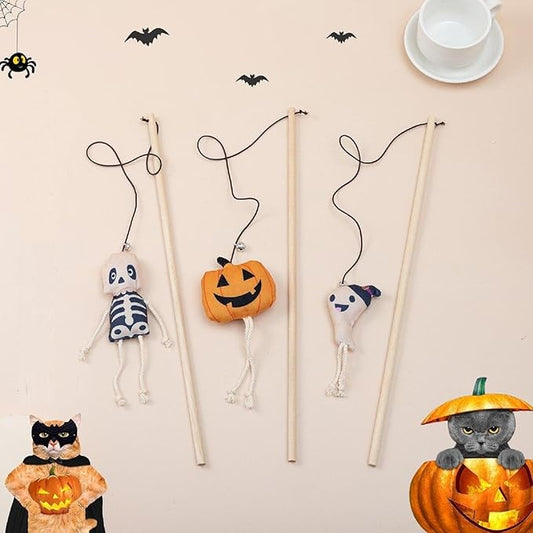 Halloween Cat Wand Teaser Toys with Bell, Kitten Interactive Plush Kitty Plaything Gift Set of 3