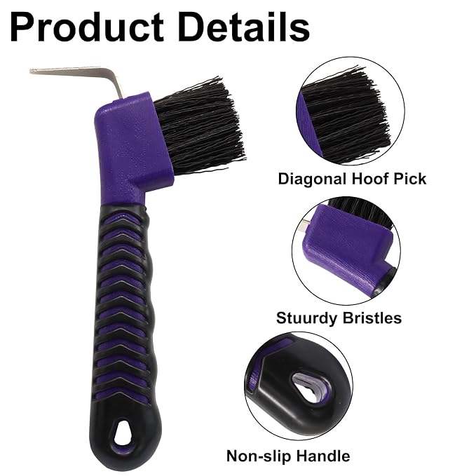 Hoof Pick Brushes, Soft Touch Rubber Handle Portable Hoofpick, Stiff Hoof Pick for Horse Care, Groomers (Purple)
