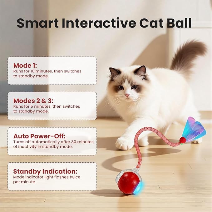 Rocfish Cat Toys, Cat Toys for Indoor Cats, Cat Toys Interactive, 360° Rotating Automatic Interactive Cat Ball, Smart Activation, LED Light, Type-C Rechargeable, 3 Replaceable Dragonfly Tails (Red-N)