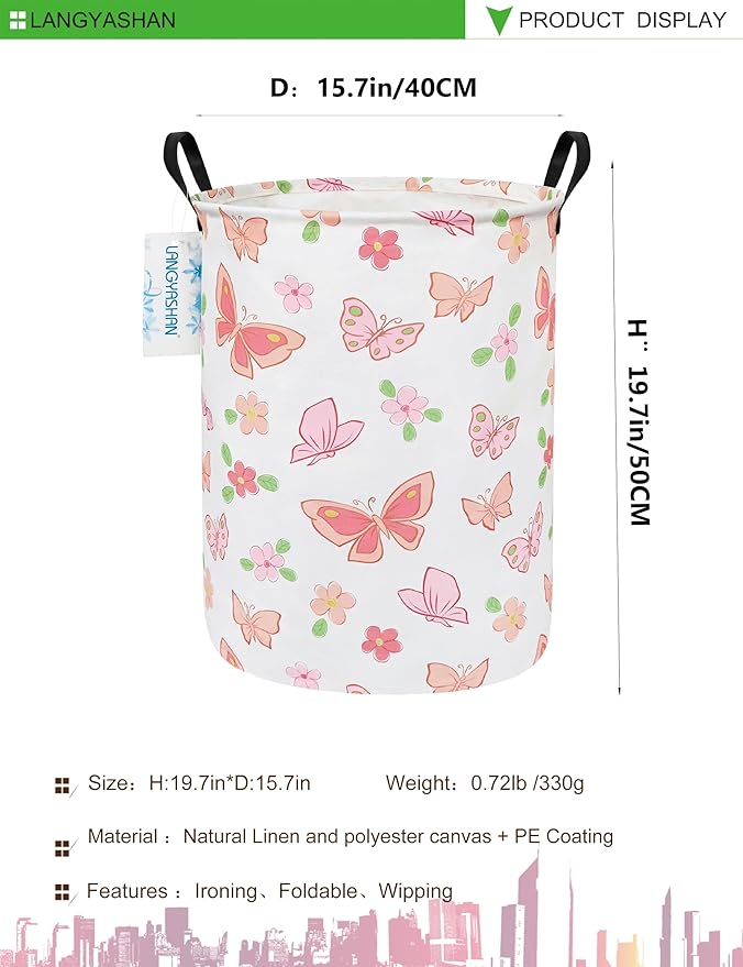 Laundry Basket Canvas Fabric Collapsible Organizer Basket for Storage Bin Toy Bins Gift Baskets Bedroom Clothes Children Nursery Hamper (Pink Butterfly)
